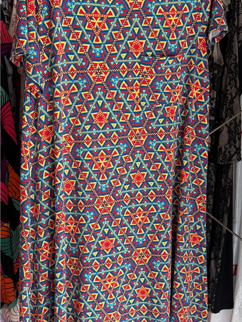 LuLaRoe Midi Dress in Red, Blue & Yellow Geometric Print